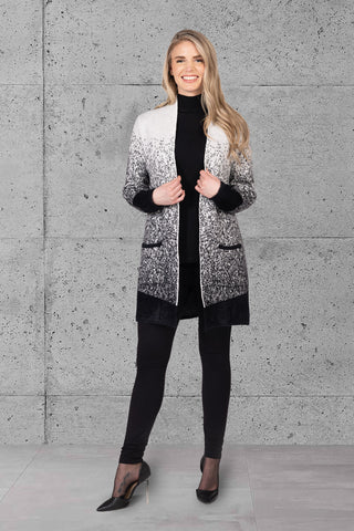 long open-front cardigan with black-to-white gradient and front pockets