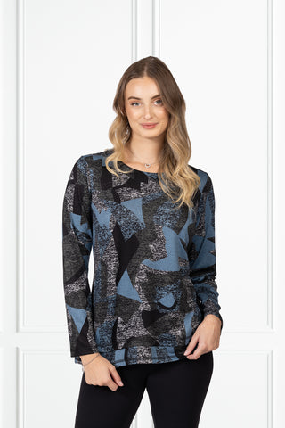 long sleeve top with abstract geometric print and crew neck