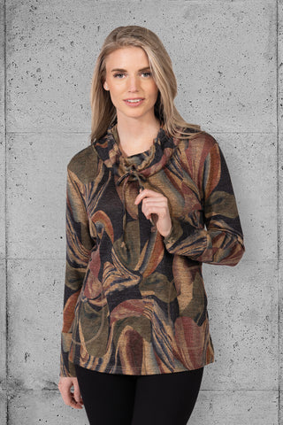long sleeve top with ruffle drawstring neckline and abstract earthy print