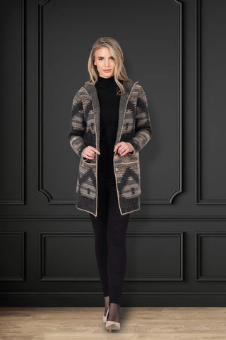 printed knit hooded jacket with open front and front pockets

